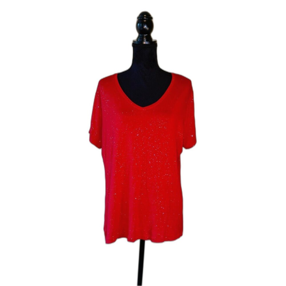 Red Silver Sparkle V Neck Short Sleeve Tee Top Plus Size XXL Holidays Celebrate